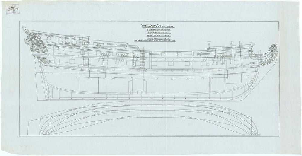 A modern plan showing the inboard profile with figurehead, and longitudinal half-breadth for Weymouth (1736)