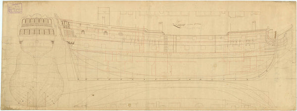 Lichfield (1730) [alternative spelling: Litchfield] Plan showing the body plan, stern board outline with some detail, sheer lines with inboard detail, and longitudinal half-breadth