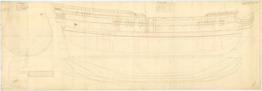 Plan showing the body plan, sheer lines with inboard detail, quarterdeck cabin plan, and longitudinal half-breadth for building Dreadnought (1742) and Medway (1742)