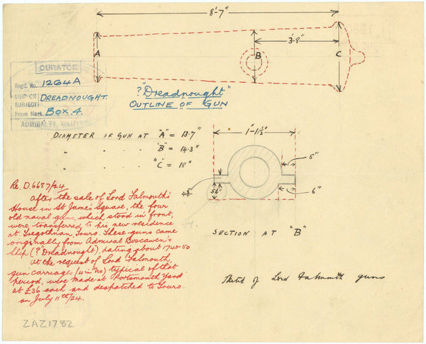 An outline plan and section through a cannon thought to be from Dreadnought (1742)