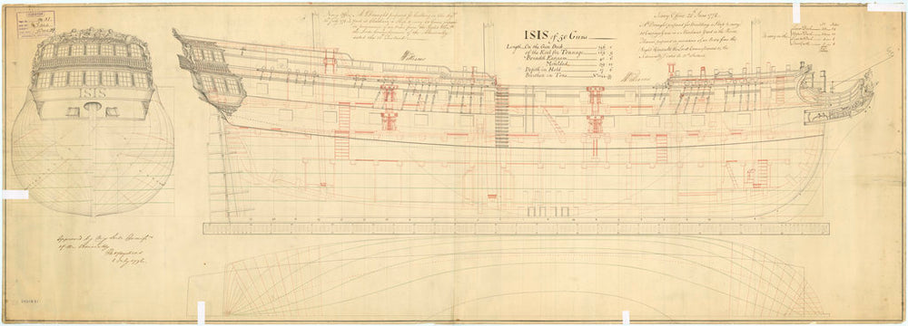 Plan showing the body plan with stern decoration and name on the counter, sheer lines with inboard profile and figurehead, and longitudinal half-breadth for 'Isis' (1774)