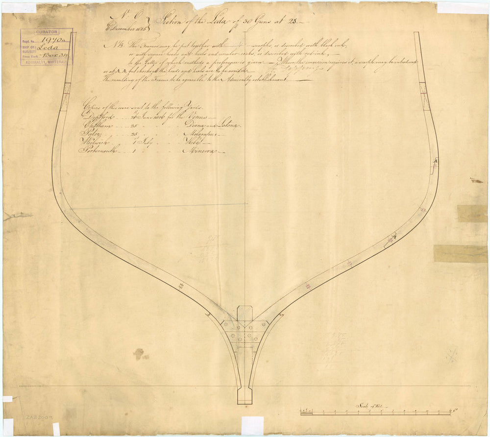 Plan showing the section at Station 25 illustrating the scarph joints of the framing for 'Leda' (1800)