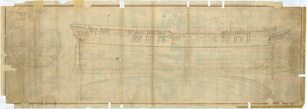 Plan showing the body plan, sheer lines, and longitudinal half-breadth for Leda (1800), and later with alterations to 11 further vessels