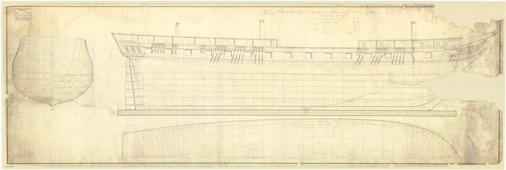 Plan showing the body plan, sheer lines with alterations to the stern, and longitudinal half-breadth for President (1829)
