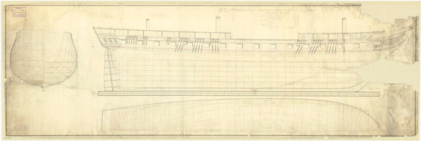 Plan showing the body plan, sheer lines with alterations to the stern, and longitudinal half-breadth for President (1829)