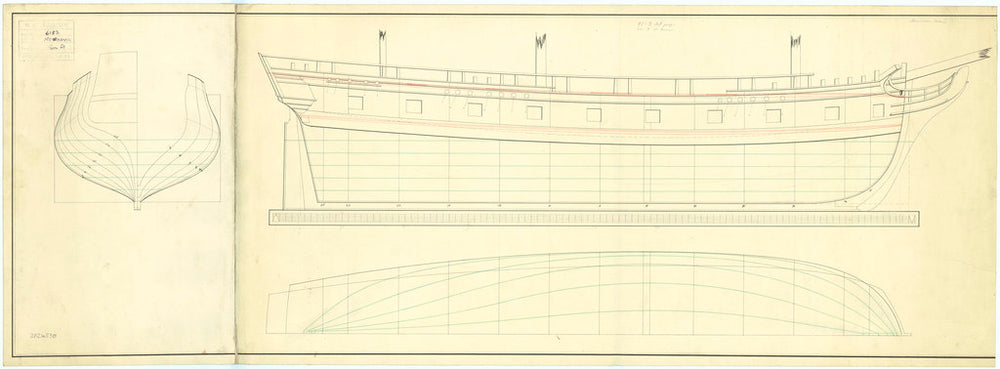 The body plan, sheer lines, and longitudinal half-breadth plans of 'Mohawk' (1782)