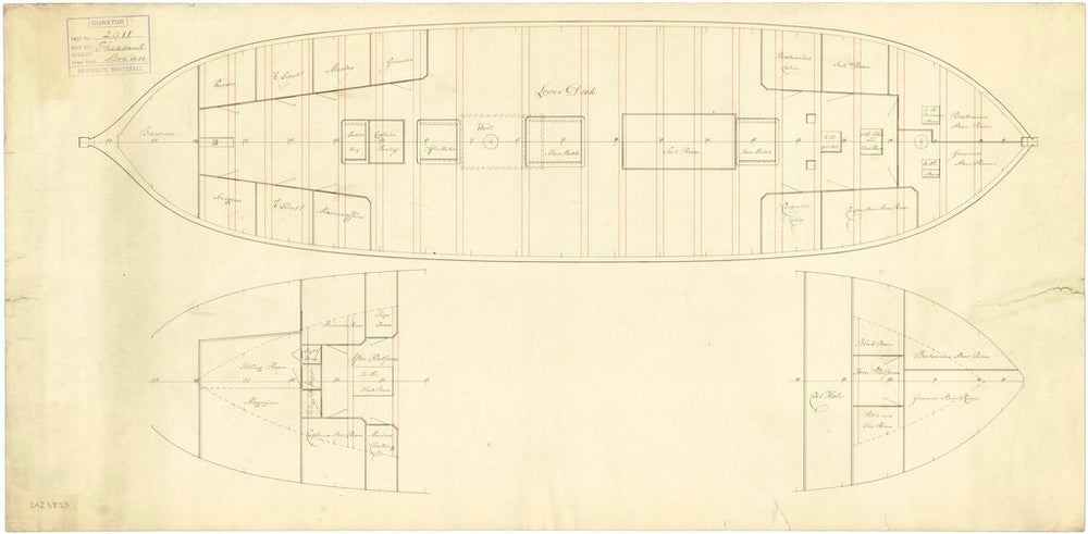 Plan showing the quarterdeck, forecastle, inboard profile and upper deck for Merlin (1798) and Pheasant (1798)