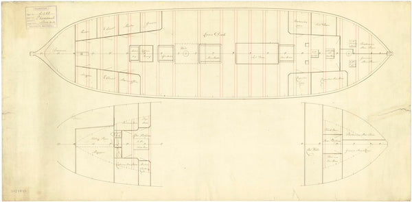 Plan showing the quarterdeck, forecastle, inboard profile and upper deck for Merlin (1798) and Pheasant (1798)