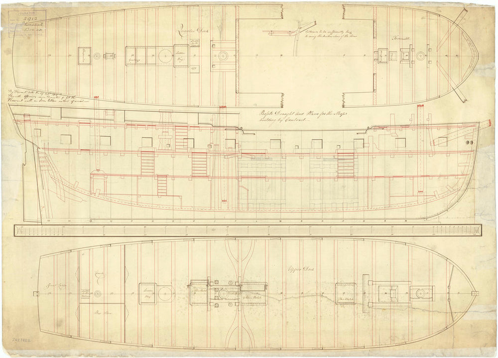 Plan showing the quarterdeck, forecastle, inboard profile and upper deck for Merlin (1798) and Pheasant (1798)