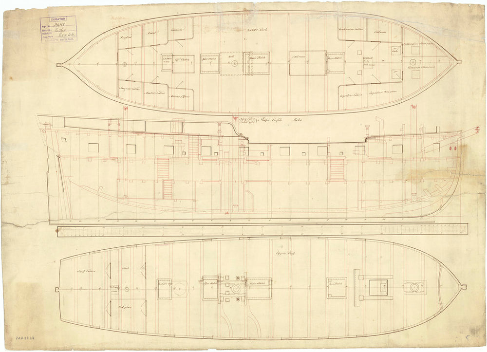 Inboard profile plan of Brisk (1784) Calypso (1783) Echo (1782) Nautilus (1784) Rattler (1783) Scorpion (1785)