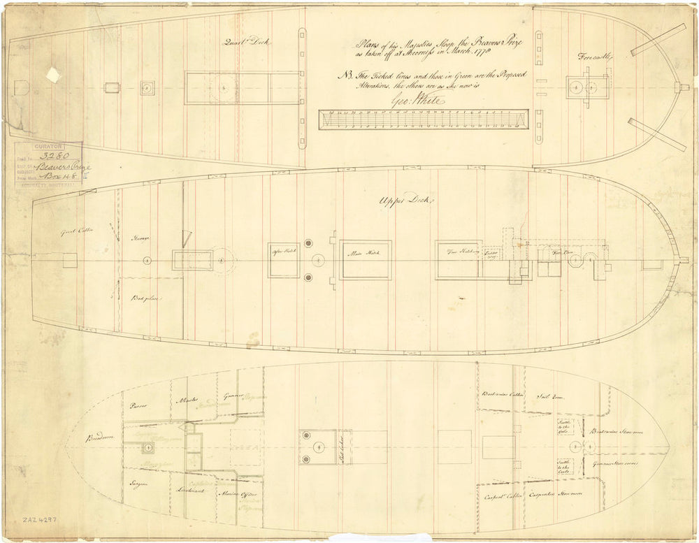 Plan showing the quarterdeck, forecastle, upper deck, and lower deck for Beavers Prize (captured 1777) or Beavers Prize