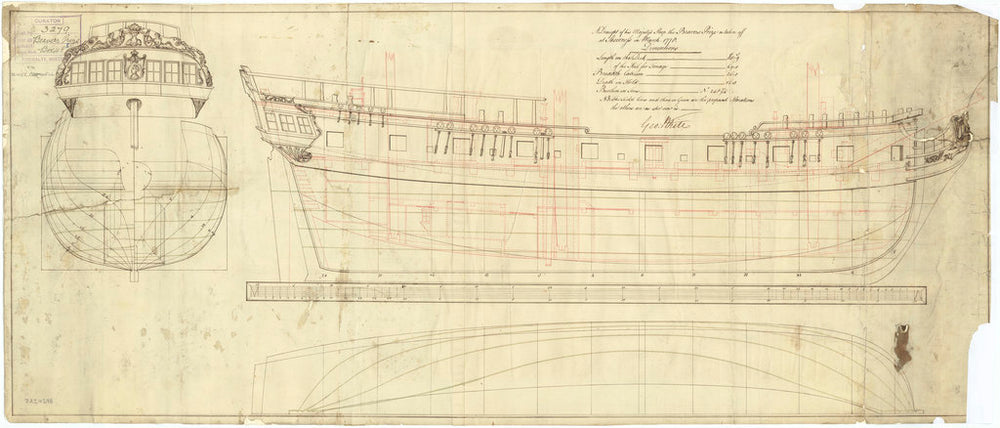 Plan showing the body plan, stern board outline, sheer lines, and longitudinal half-breadth for Beavers Prize (captured 1777) or Beavers Prize