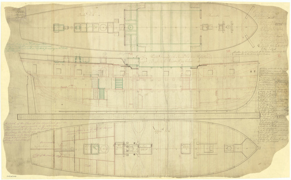 Quarterdeck & forecastle, inboard profile, and upper deck plan for Cormorant class (1793), and modified Cormorant class (1805)
