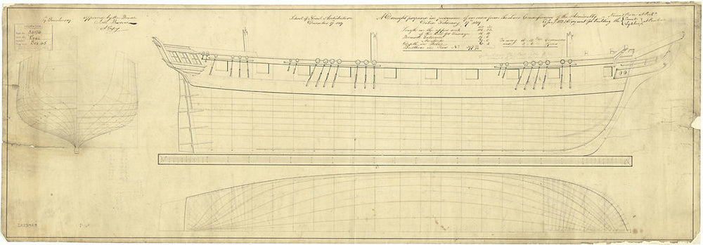 Body, sheer lines, and longitudinal half-breadth plan for 'Rose' (1821); 'Comet' (1828); 'Lightning' (1829)