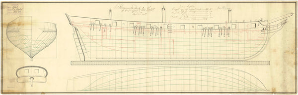 Plan of body, stern board outline, sheer lines and longitudinal half-breadth for Sophie (captured 1798)