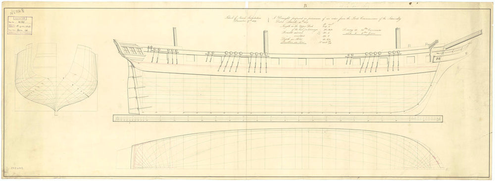 Body, sheer lines, and longitudinal half-breadth plan for a proposed 109ft three-masted, 18-gun ship sloop
