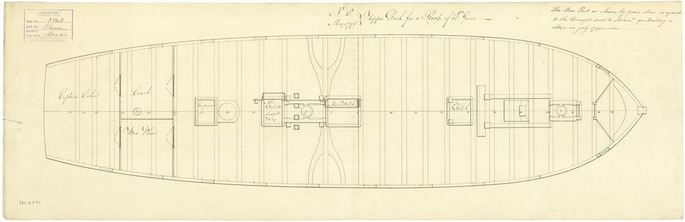 Upper deck plan related to Plover (1796); Bittern (1796); Cyane (1796); Termagant (1796); Brazen (cancelled 1799); Brazen (1808)