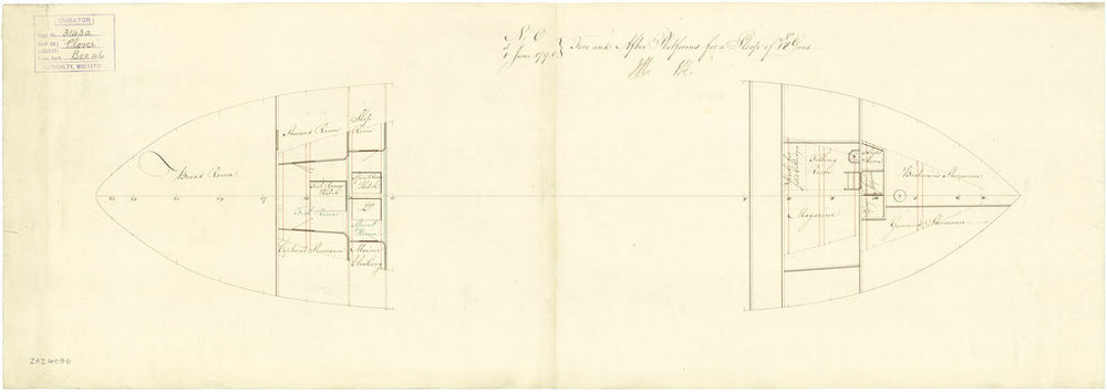 Fore & aft platforms plan related to Plover (1796); Bittern (1796); Cyane (1796); Termagant (1796); Brazen (cancelled 1799); Brazen (1808)