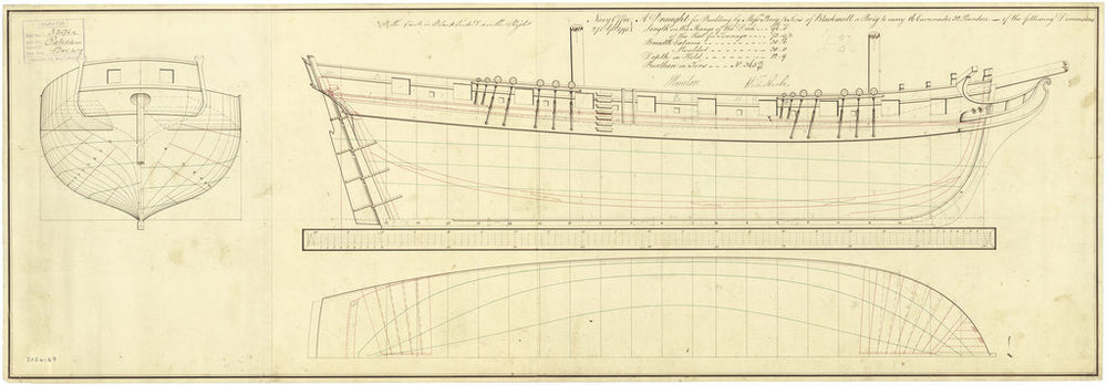 Body, sheer lines and longitudinal half-breadth plan for 'Pelican' (1795)