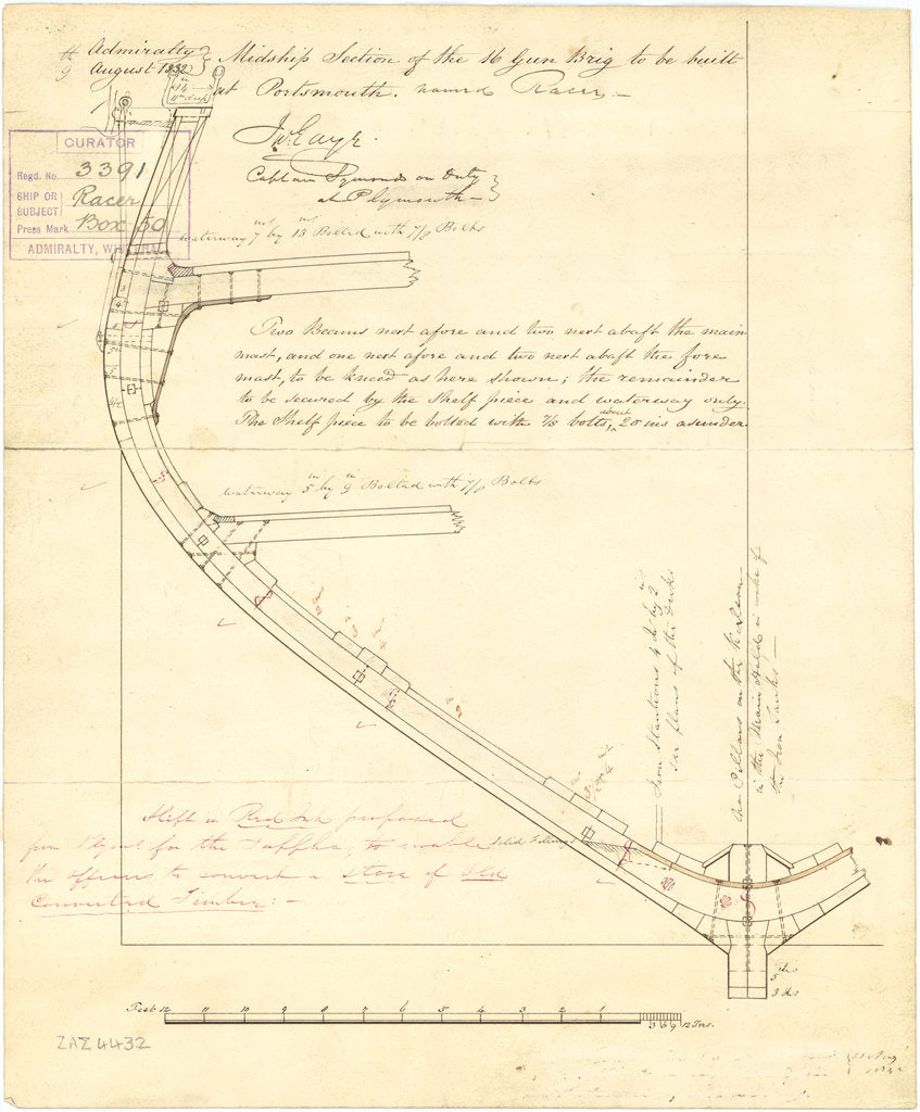 Plan showing a half midship section for Racer (1833), and the later proposed alterations for Sappho (1837)