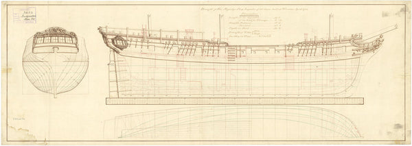 Plan showing the body plan and longitudinal half-breadth for Inspector (1782)