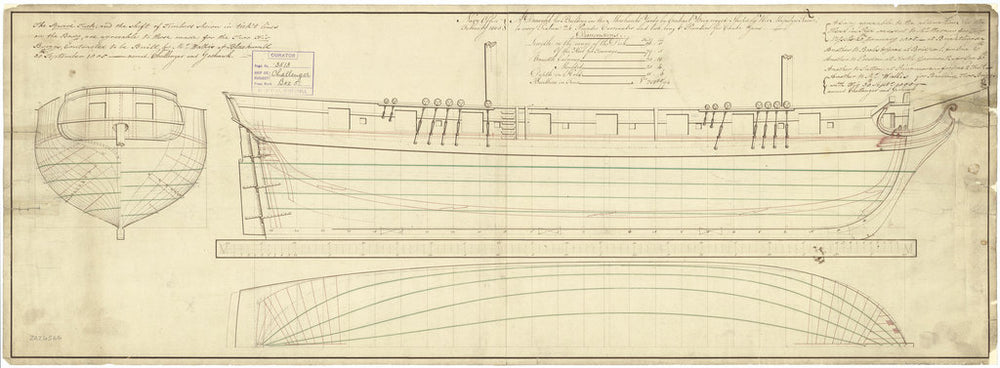 The body plan, sheer lines with scroll figurehead and longitudinal half-breadth plans for Goshawk (1805) and Challenger (1806)