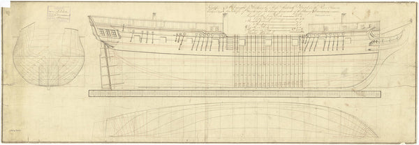 Body, sheer lines, and longitudinal half-breadth plan for Cormorant (1794) and Favourite (1794)