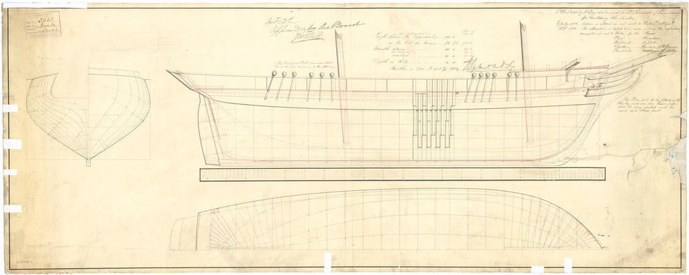 Plan showing the body plan, sheer lines and longitudinal half-breadth for Snake (1832) and Serpent (1832), both 16-gun Second Class Brigs