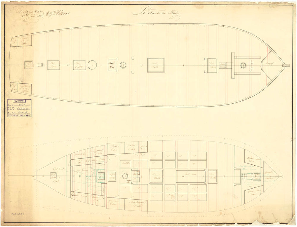 Plan showing the upper deck, and lower deck with fore & aft platforms for Fantome (1810)