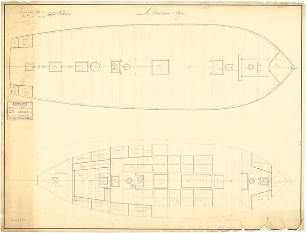 Plan showing the upper deck, and lower deck with fore & aft platforms for Fantome (1810)