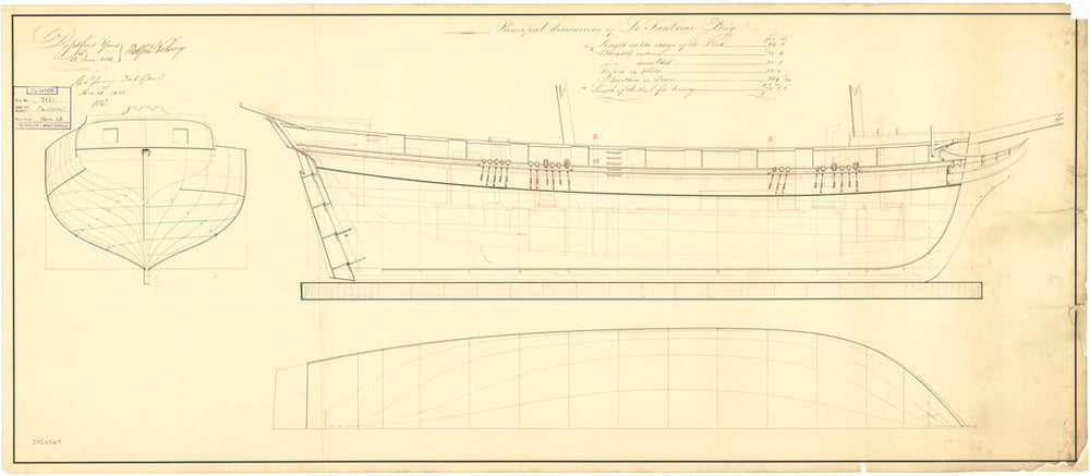 Plan showing the body plan and longitudinal half-breadth for Fantome (1810)