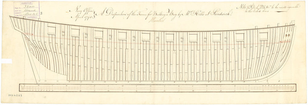 Plan showing the framing profile (disposition) for building the Hound (1796)