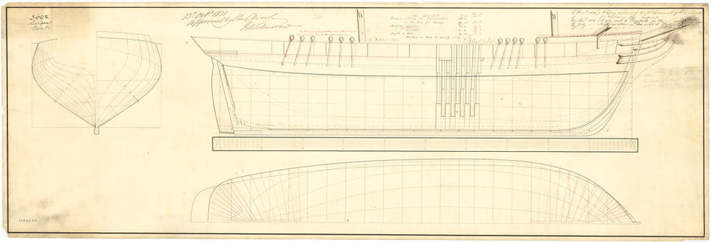 Plan showing the body plan, sheer lines with midship framing, and longitudinal, half-breadth proposed (and approved) for Snake (1832) and Serpent (1832)