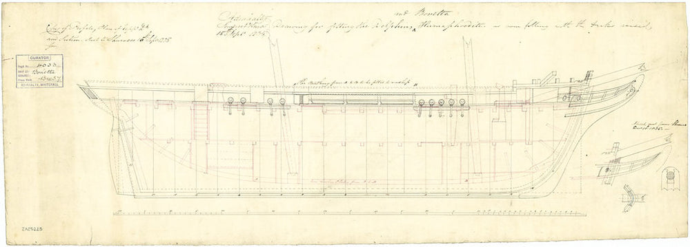 Inboard profile plan for 'Dolphin' (1836); 'Bonetta' (1836)