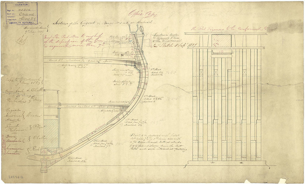 Midship section plan for 'Crane' (1839); 'Cygnet' (1840); 'Ferret' (1840); 'Heroine' (1841); 'Hound' (1840); 'Philomel' (1842)