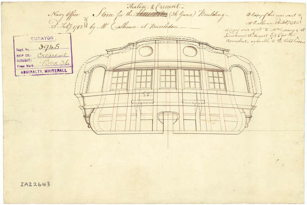 Plan of the stern for the vessels Crescent (1784) Romulus (1785) Thalia (1783) and Unicorn (1782)