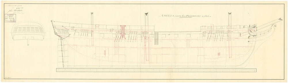 Sheer and profile plan of vessels Amelia (1797) and Proserpine (1796)