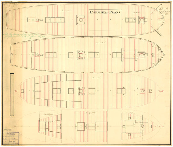 Deck plan for the French frigate 'Armide' (1804) captured by the British in 1806
