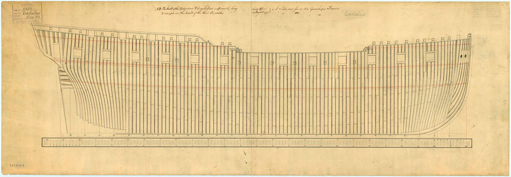 Frame plan for Active (1780), Astraea (1781), Cerberus (1779), Ceres (1781), Daedalus (1780), Fox (1780) and Mermaid (1784)