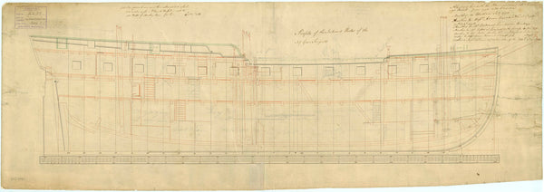 Inboard profile plan of Ambuscade, Amphion, Andromache, Blonde, Castor, Cleopatra, Greyhound, Iphigenia, Iris, Juno, Meleager, Orpheus, Solebay, Success, Syren, Terpsichore