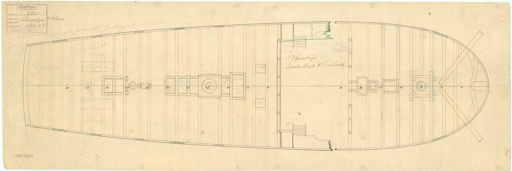 Deck, quarter & forecastle plan of Ambuscade (1773) and Cleopatra (1779)