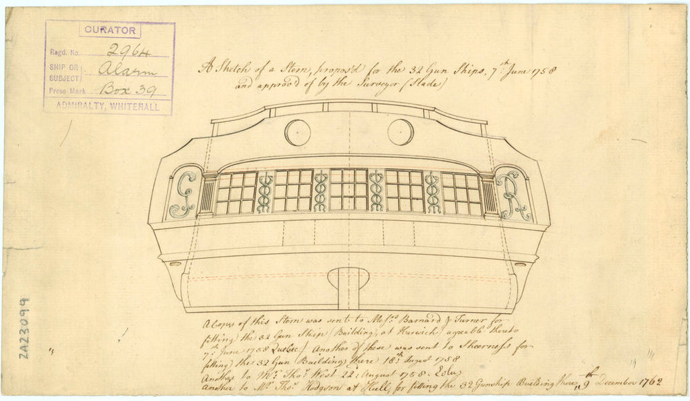 Stern plan drawing of 'Alarm' (1758)