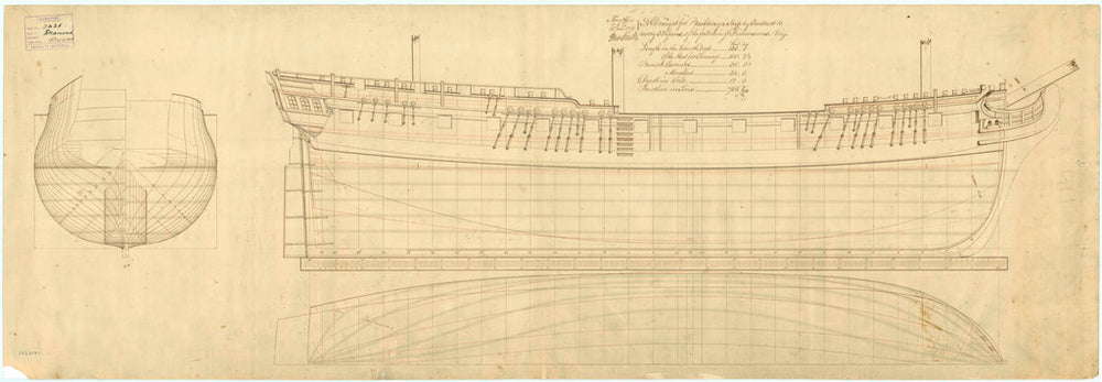Body plan, sheer lines, longitudinal half breadth plan of 'Orpheus' (1773) and 'Diamond' (1774)