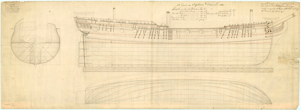 Body plan, sheer lines, longitudinal half breadth plan of 'Orpheus' (1773) and 'Diamond' (1774)