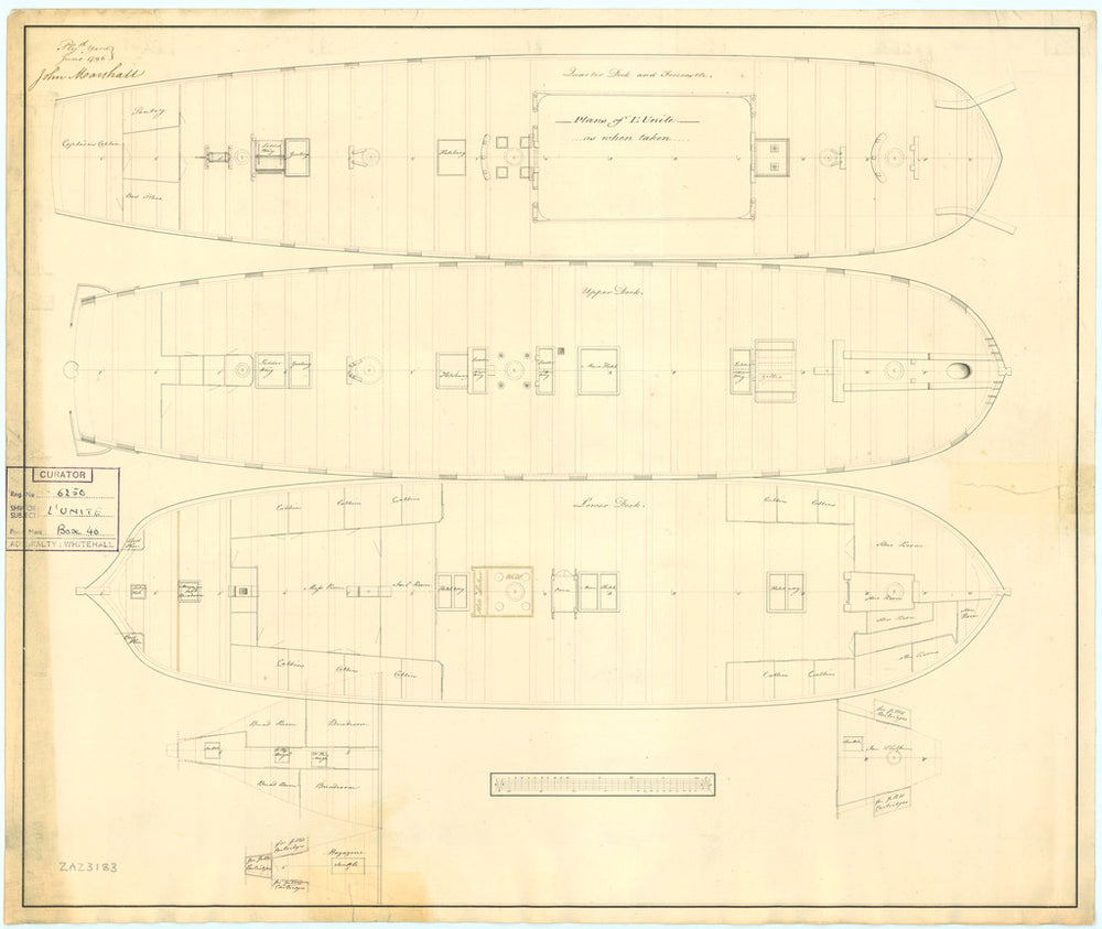 Plan showing the quater deck and forecastle, upper deck, lower deck, fore and aft platforms for for 'Unite' (1796)