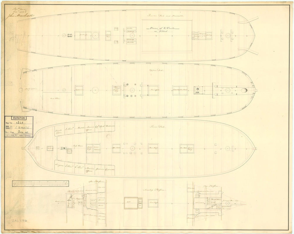 Plan showing the quarter deck and forecastle, upper deck, lower deck, midship platform with fore and aft platforms for for Unite (1796)