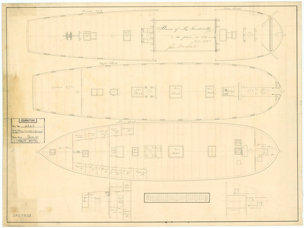 Plan showing the quarter deck and forecastle, upper deck, lower deck and fore & aft platforms for the 'Tourterelle' (1795)