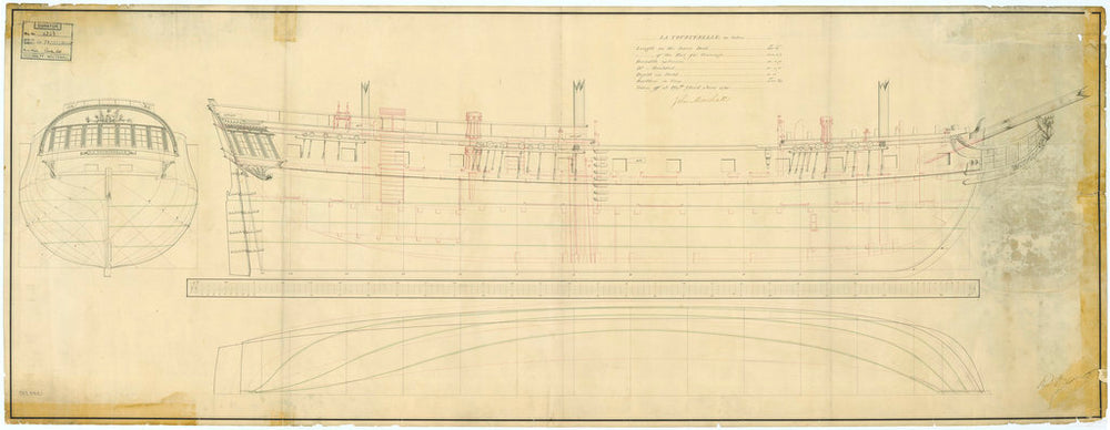 Plan showing the body plan with stern board detail and name in a cartouche on the counter, sheer lines with inboard detail and figurehead and longitudinal half breadth for the 'Tourterelle' (1795)