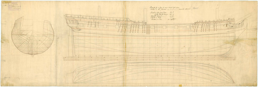 Scale 1:48. Plan showing the body plan, sheer lines and longitudinal half breadth for Mermaid (1761) and later Hussar (1763) and Soleby (1763)