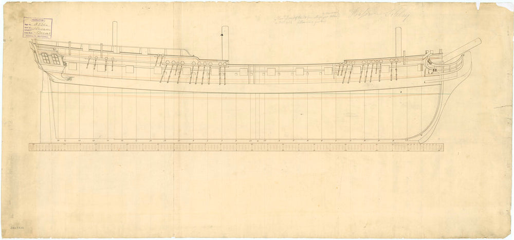 Plan showing the sheer lines, including one water line, for Hussar (1763) and later for Soleby (1763)